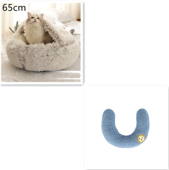 Beige dome bed 65cm with blue U-shaped pillow featuring sun embroidery