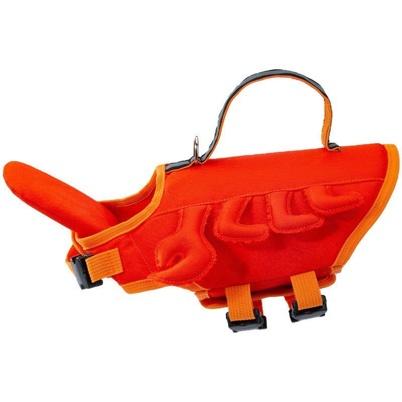 Orange dinosaur-style dog life jacket with tail fin and secure black buckles