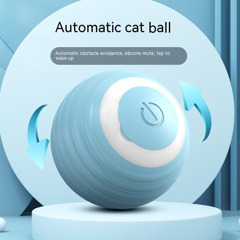 Blue automatic cat toy ball highlighting automatic obstacle avoidance and rotation motion features with directional arrows