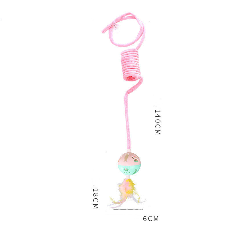 Pink spring rabbit hair ball cat toy showing length and feather ball dimensions