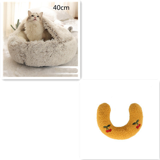 Beige crystal velvet dome pet bed with 40cm label and yellow U-shaped pillow with cherry embroidery