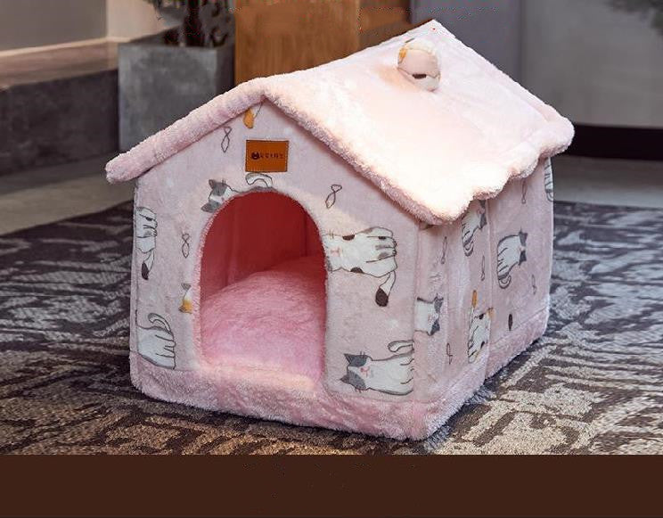 Pink cat-patterned foldable plush pet house on carpet