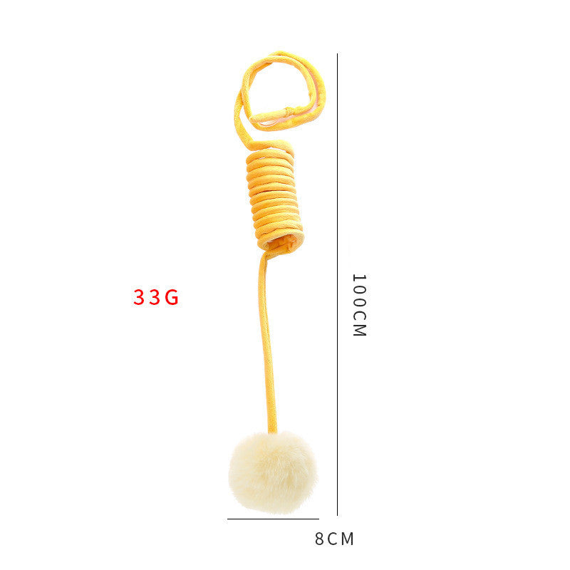 Yellow spring rabbit hair ball cat toy showing length and weight dimensions