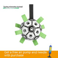 Cargar la imagen en la vista de la galería, Top view of black and white inflatable dog toy ball featuring paw prints and green loops alongside an air pump
