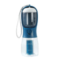 Load image into Gallery viewer, Dark blue 3-in-1 portable dog water and food bottle with clear markings and attached wrist strap
