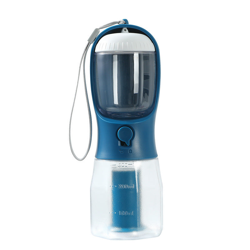 Dark blue 3-in-1 portable dog water and food bottle with clear markings and attached wrist strap