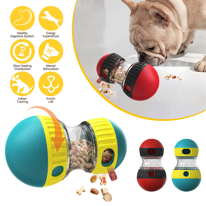 Dog sniffing red/black dog food dispensing toy on floor with icons illustrating benefits like slow feeding, mental stimulation, and healthy digestion