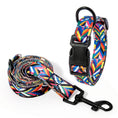 Load image into Gallery viewer, Set of dog collar and matching leash in multi-color chevron geometric pattern displayed on white background
