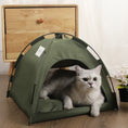 Cargar la imagen en la vista de la galería, Gray and white cat resting inside olive green indoor pet tent bed on wooden floor
