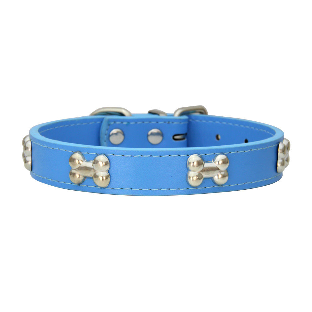 Blue PU leather dog collar accented with silver bone studs