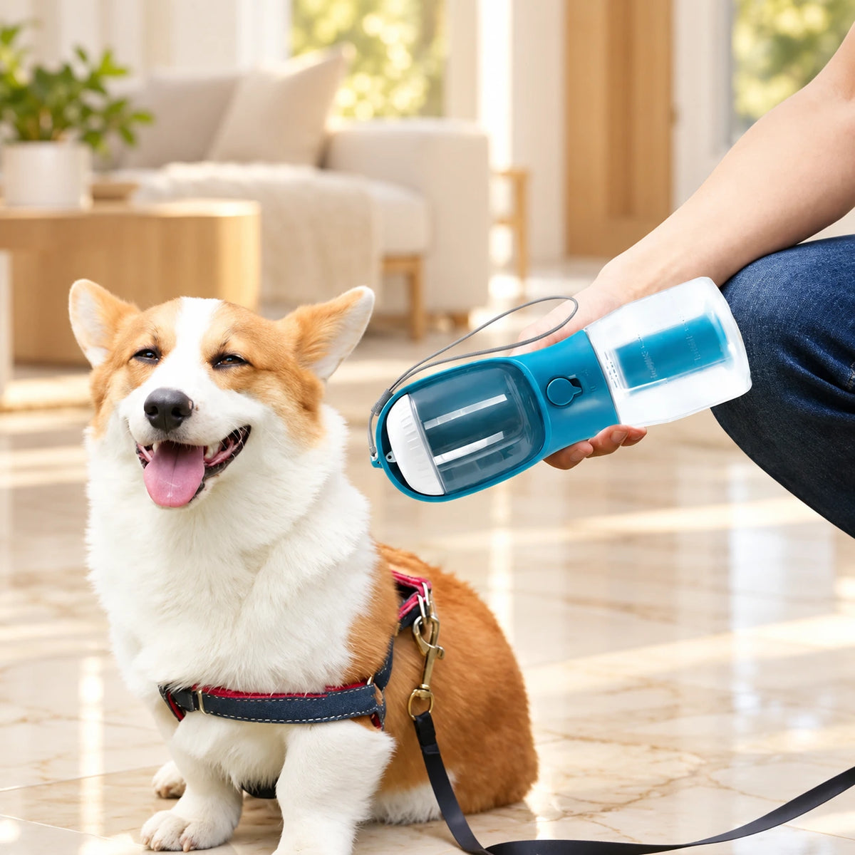 Tan and white corgi beside an Indigo pet bottle held in a cream interior