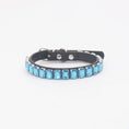Load image into Gallery viewer, Light blue rhinestone PU pet collar laid flat on white background
