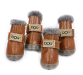 Cargar la imagen en la vista de la galería, Set of brown winter dog boots with gray faux fur lining and rubber soles

