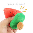 Load image into Gallery viewer, Hand squeezing the watermelon plush dog toy with text indicating it makes a sound when pressed
