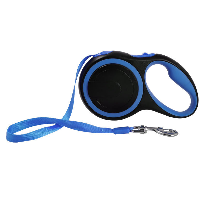 Blue accented automatic retractable pet leash with nylon rope extended