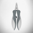 Load image into Gallery viewer, Closed white and gray pet nail clipper viewed from above on gray background
