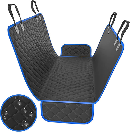 Waterproof black car seat cover hammock laid flat, blue trim, with inset showing water droplets on surface