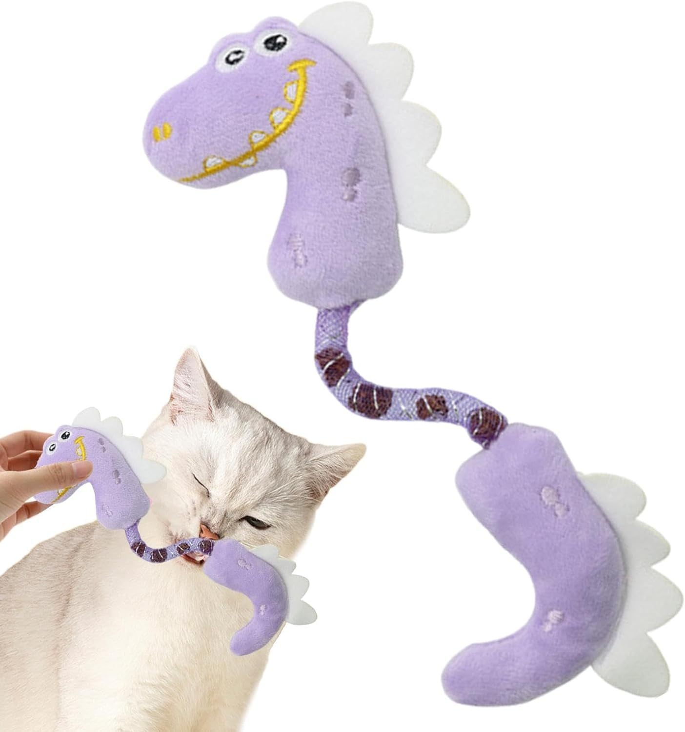 White cat playing with a purple plush dinosaur chew toy held by a person