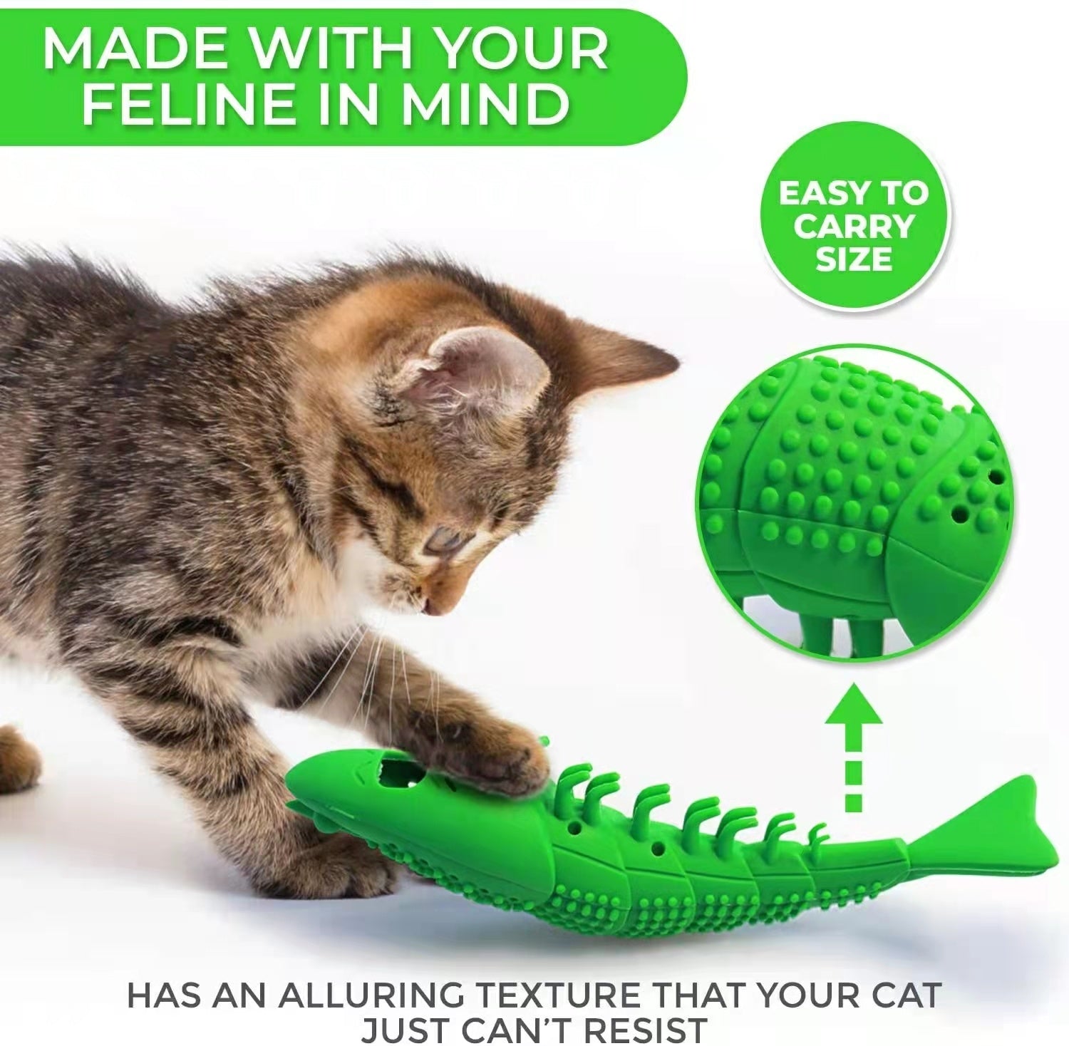 Close-up of tabby cat pawing at green lizard cat toy showing detailed rubber texture and easy-to-carry size