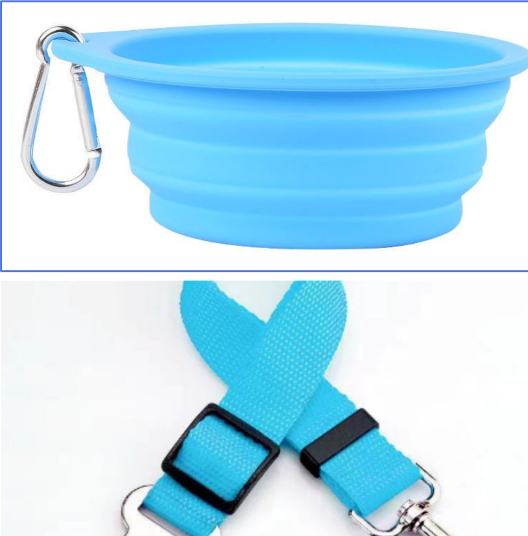 Collapsible silicone pet water bowl in blue with clip attached