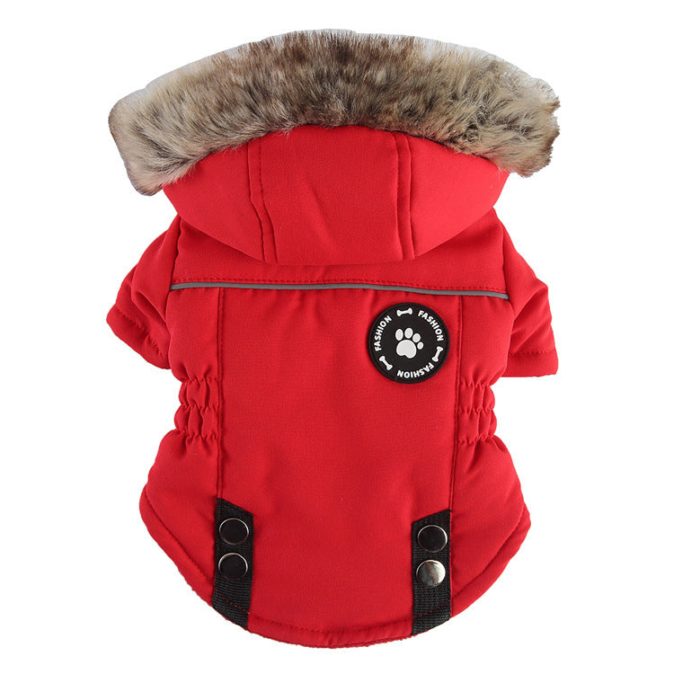 Back view of red insulated dog vest with faux fur hood and elastic side stitching