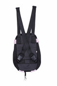 Load image into Gallery viewer, Back view of pet carrier showing adjustable shoulder straps and clip
