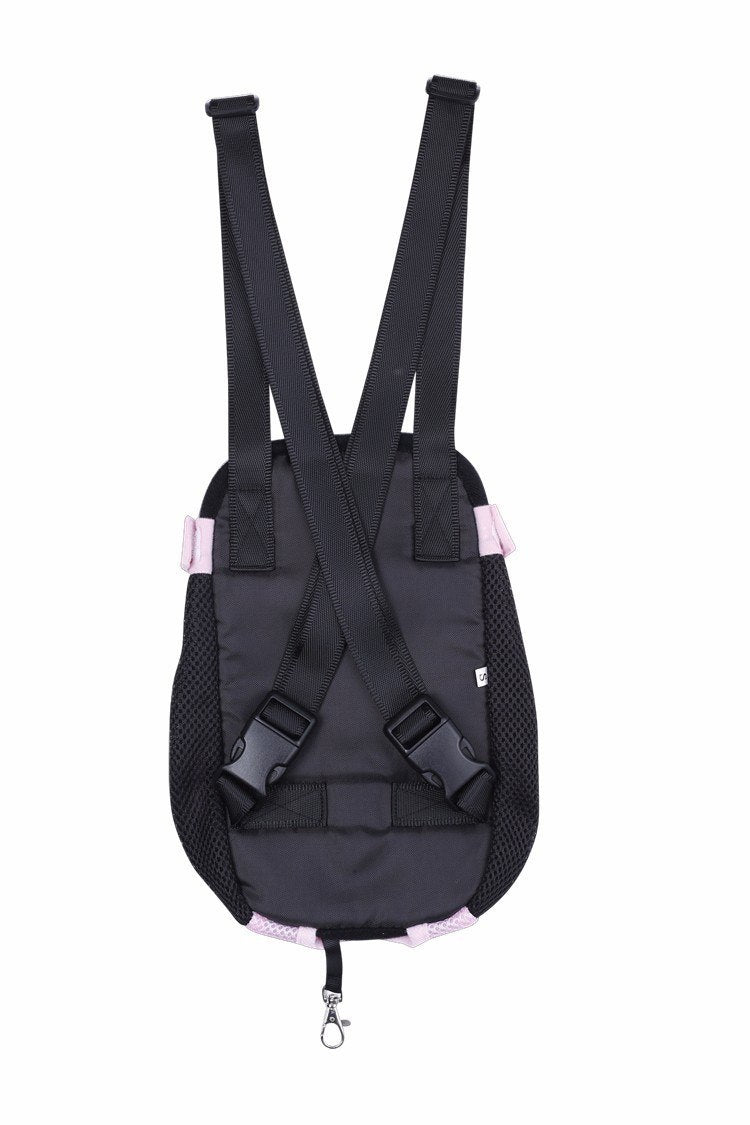Back view of pet carrier showing adjustable shoulder straps and clip