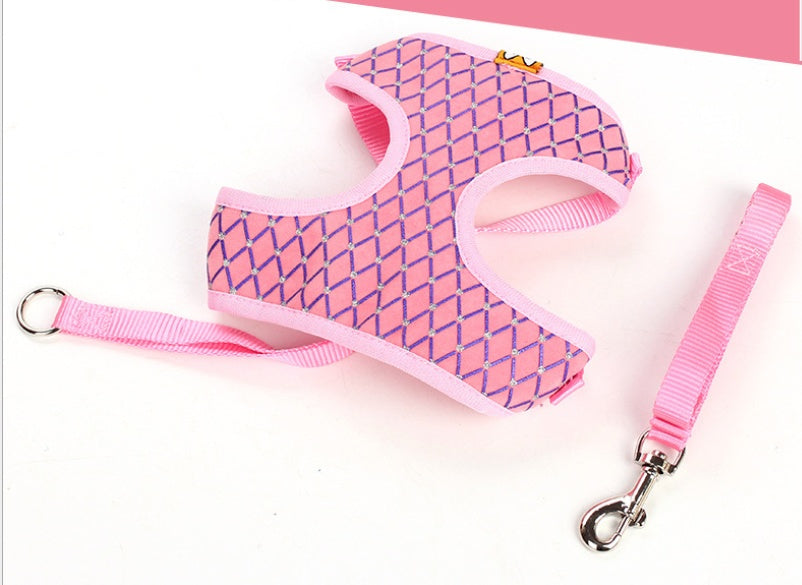 Dog Leash Breathable Mesh With Flash Diamond Nylon Pet Chest Back Leash