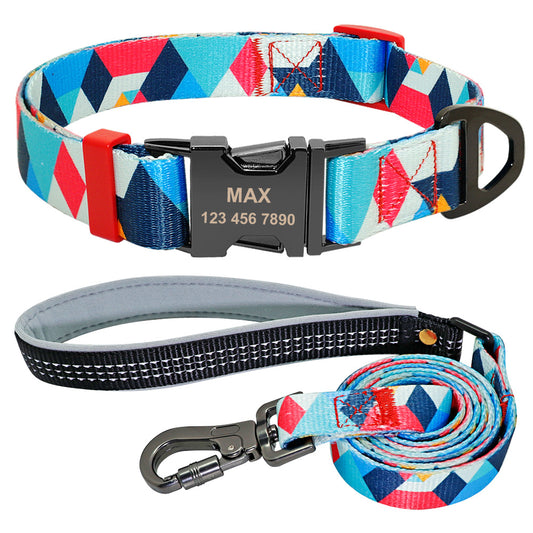 Colorful geometric patterned dog collar with personalized metal buckle and matching leash