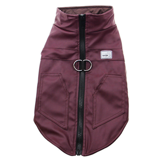 Single burgundy quilted waterproof pet jacket with black zipper and front pockets laid flat