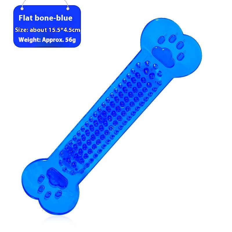 Blue transparent PVC dog bone toy with size and weight label