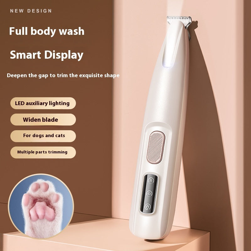 White LED pet trimmer on beige background highlighting full wash and smart display