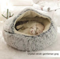 Charger l'image dans la visionneuse de la galerie, Cat comfortably sleeping inside gray crystal velvet dome pet bed
