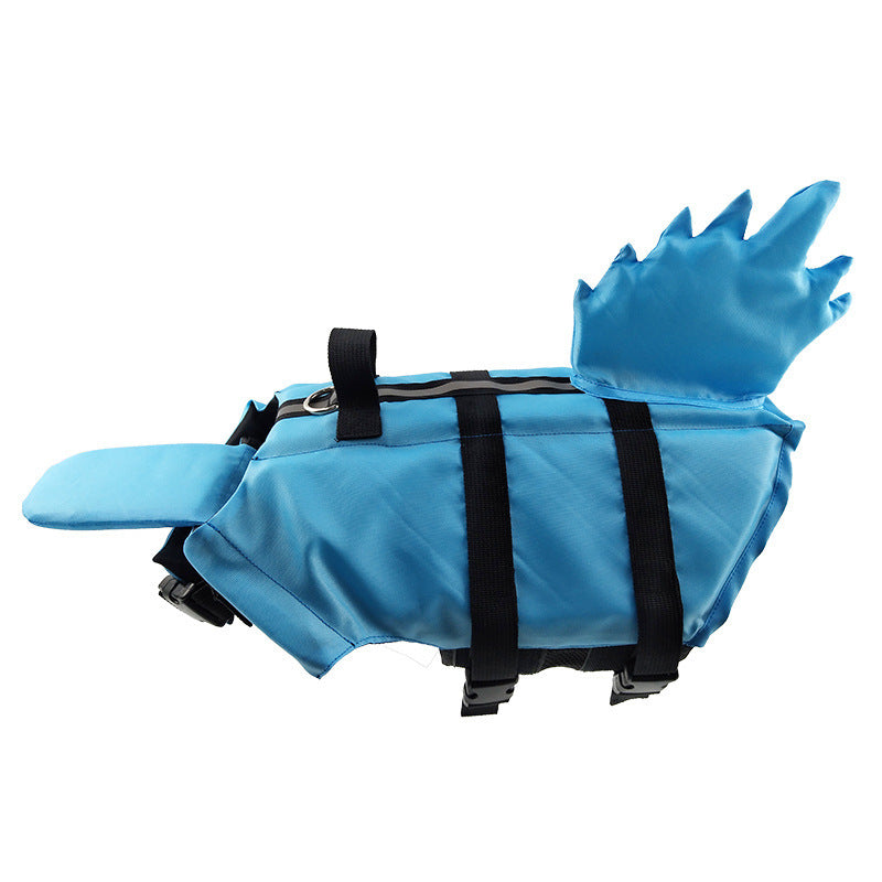 Side view of blue dog life jacket with black adjustable straps and dragon tail detail