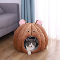 Load image into Gallery viewer, Brown plush enclosed pet bed shaped like a bear head with a gray cat lounging inside
