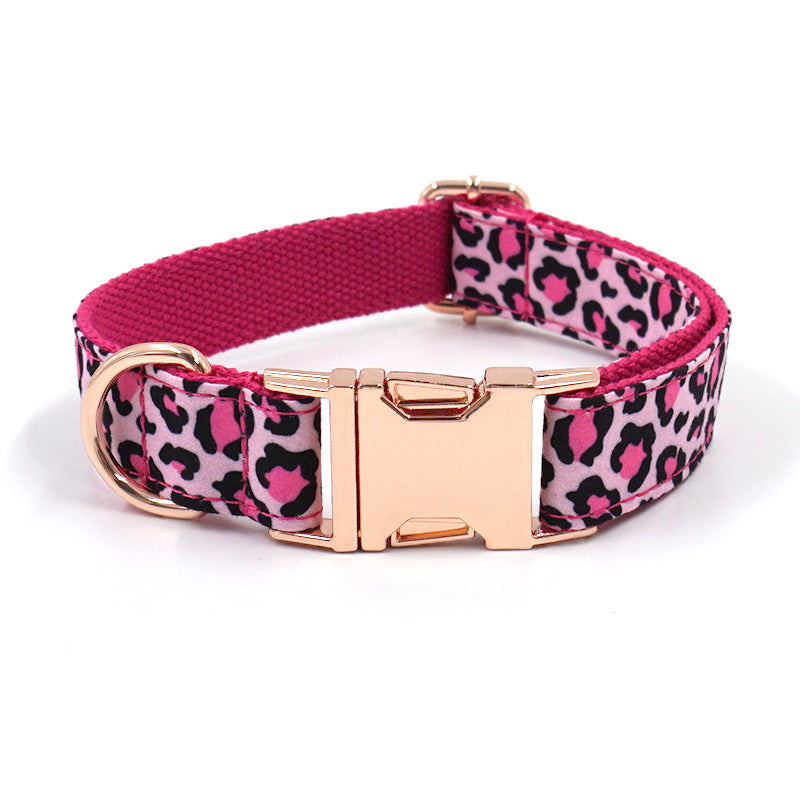 Pink leopard print adjustable dog collar with rose gold buckle and D-ring