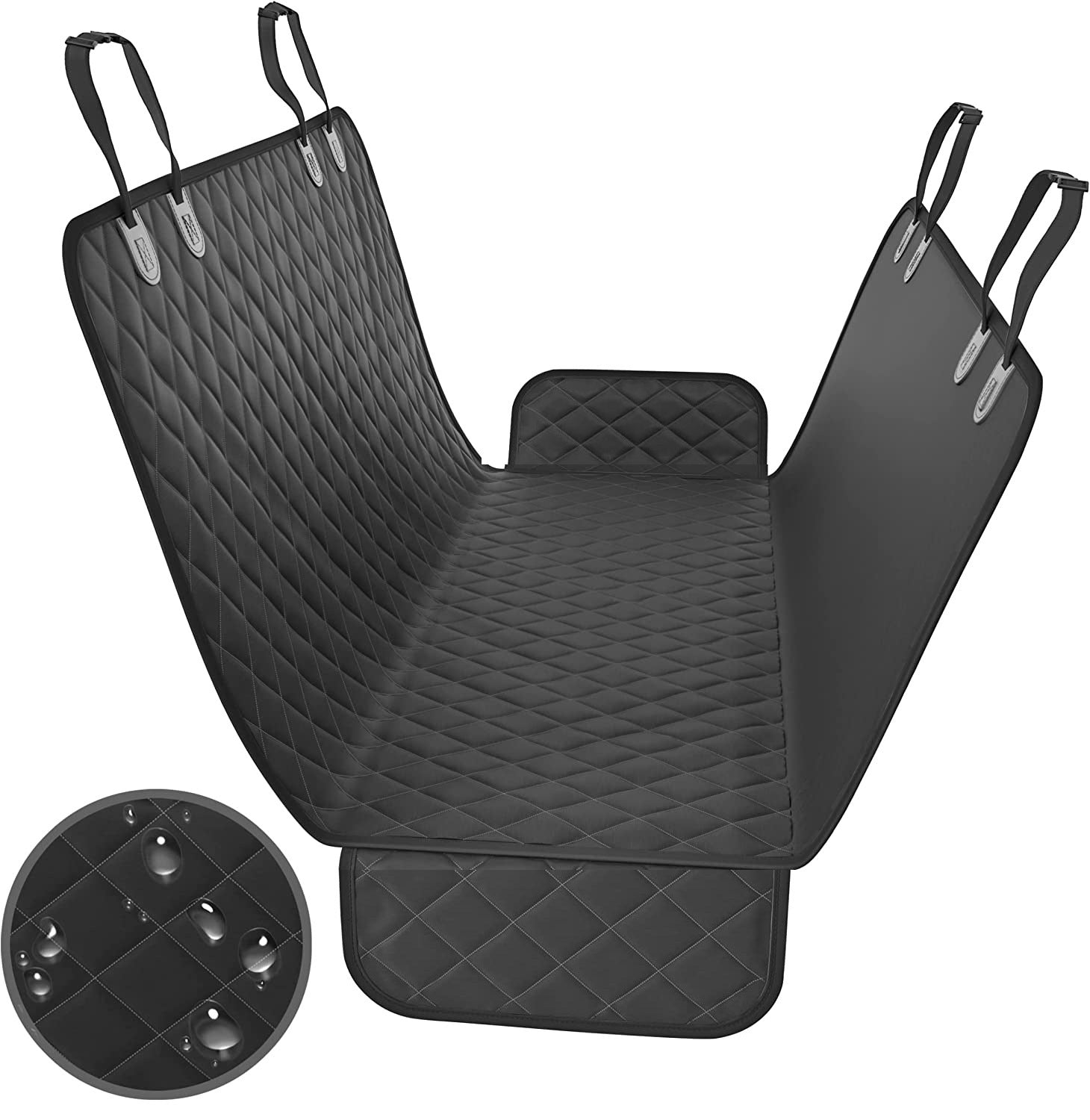 Black waterproof car seat cover hammock shown flat with blue trim and inset illustrating water resistance