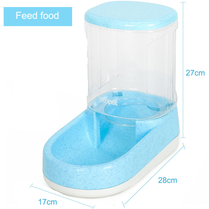 Blue automatic pet feeder measuring 28cm length x 17cm width x 27cm height with food container