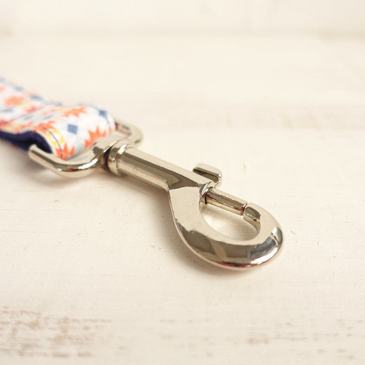 Close-up of shiny metal clasp on patterned dog leash