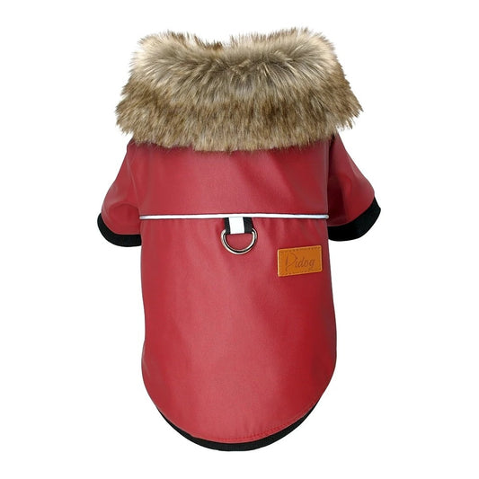 Back view of red PU leather dog jacket with faux fur collar and black cuffs