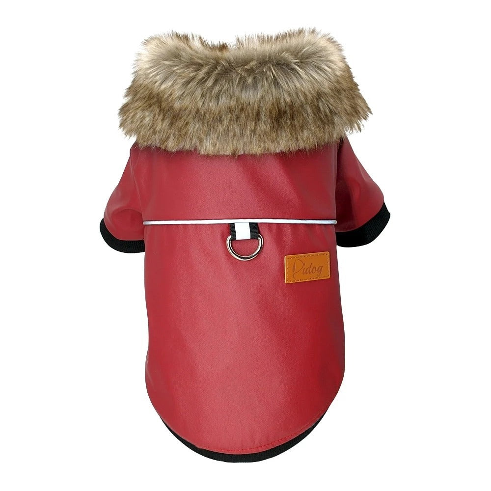 Back view of red PU leather dog jacket with plush fur collar, metal D-ring leash attachment, and leather brand patch
