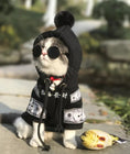 Load image into Gallery viewer, Gray and white cat wearing black cotton fleece pet hoodie with hood and money print pattern sitting outdoors with toy fish
