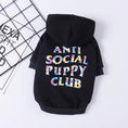 Load image into Gallery viewer, Close-up of black plush hooded dog sweater with colorful ANTI SOCIAL PUPPY CLUB print
