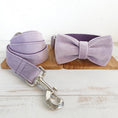 Load image into Gallery viewer, Light purple velvet dog collar with bow tie and matching velvet leash arranged side by side on a white surface
