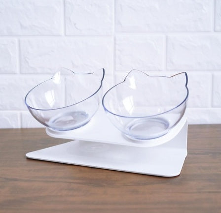 Single black cat ear bowl on tilted white stand with curved base