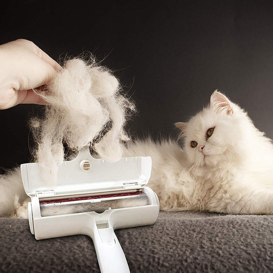 Open white pet hair remover roller with collected pet hair next to white cat on dark fabric