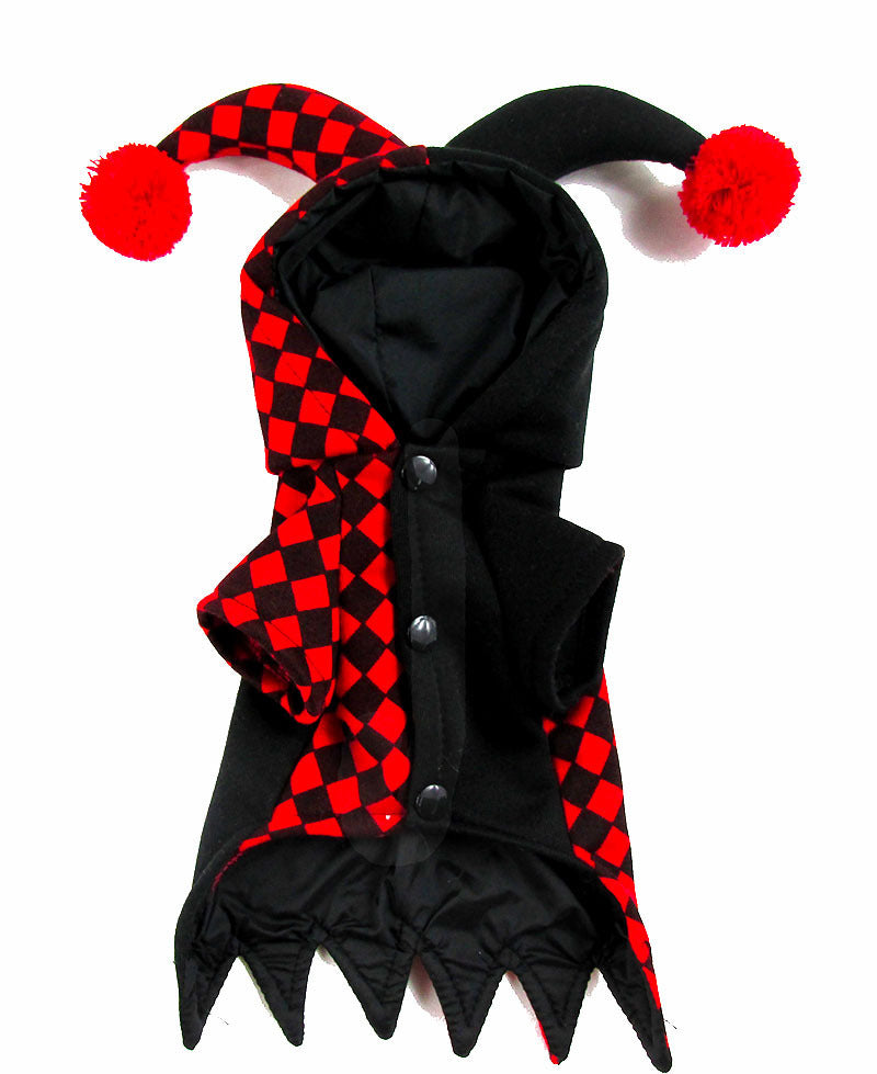 Close-up of jester costume hood with pointed tips and red pompom decorations on white background
