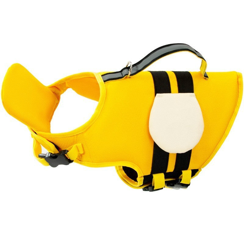 Yellow dog life jacket with black stripes, white wings, padded tail fin, handle, and buckles