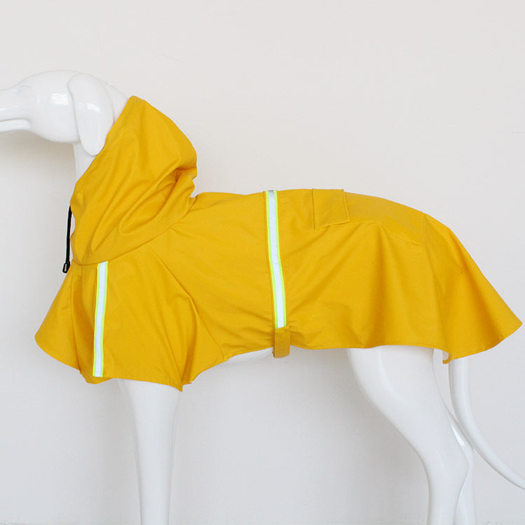 Yellow waterproof reflective dog raincoat on a mannequin with reflective stripes and hood