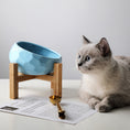 Load image into Gallery viewer, Blue ceramic pet bowl elevated on bamboo stand next to a curious gray cat
